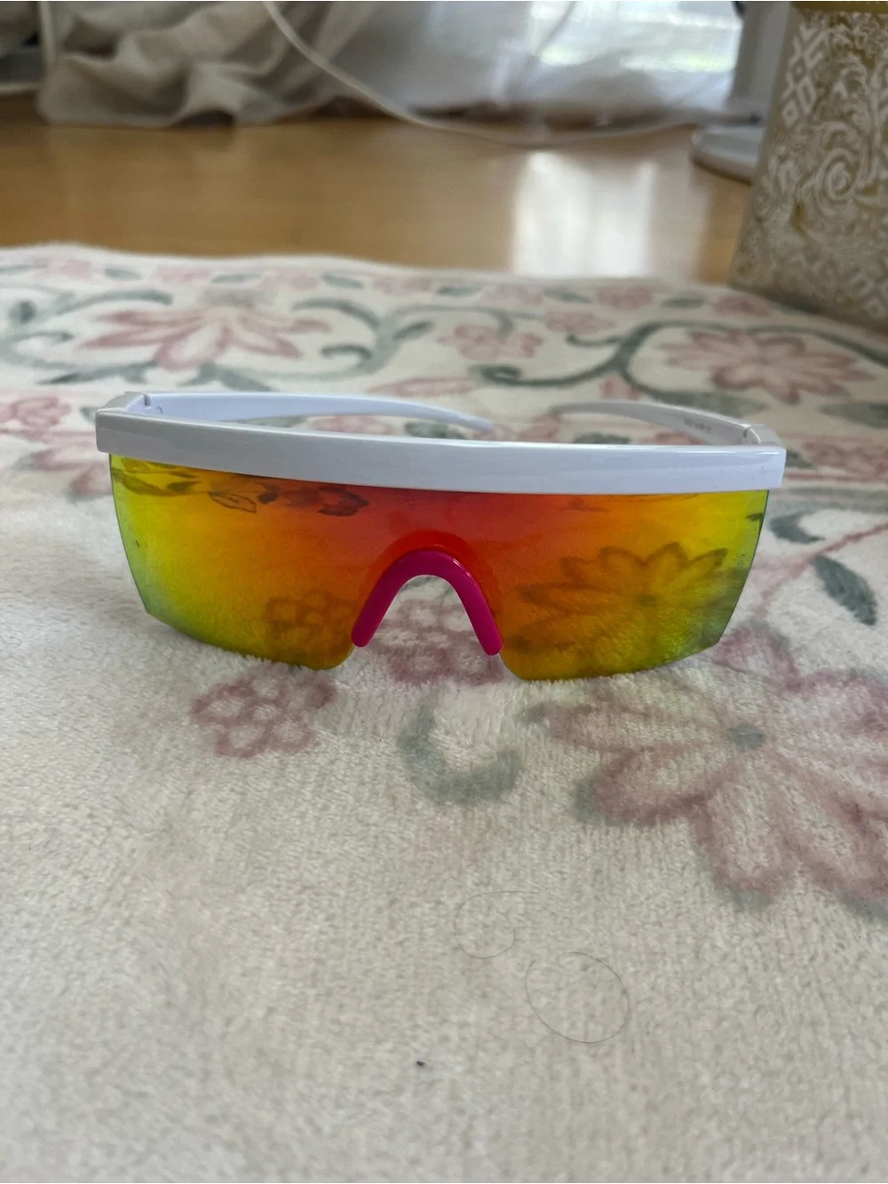 White Frame Shield Sunglasses with Orange Mirrored Lens and Pink Nose Pad